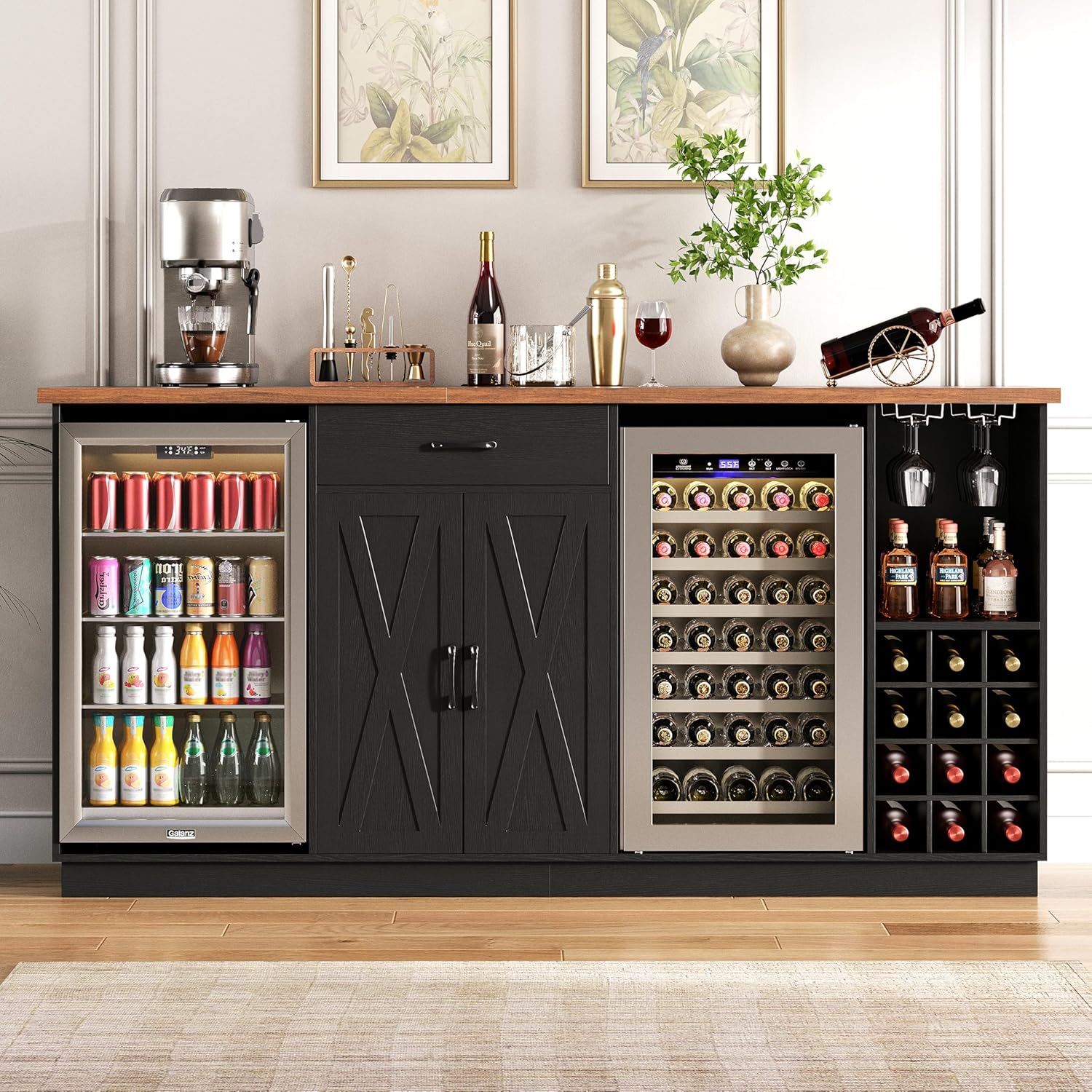 Wine Beer Liquor - 78.74インチ大型コーヒーバーキャビネット（冷蔵庫スペース付き）、ミニ冷蔵庫キャビネット（収納付き）、ワインラック付きリキュールキャビネット、カスタムメイド