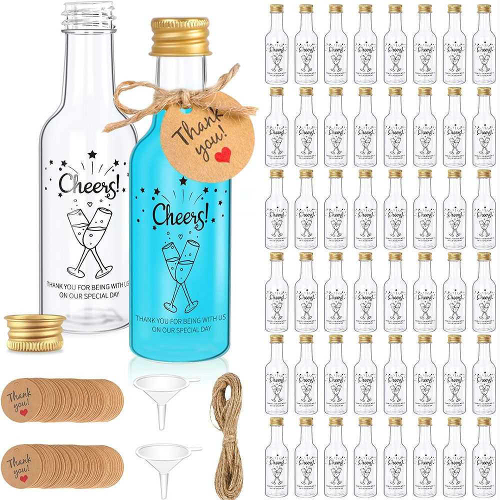Wine Beer Liquor - 50パックミニリカーボトル、1.7オンス/50mlミニワインボトル、ワインジュースアルコール用空のショットボトル、誕生日結婚式パーティーの記念品