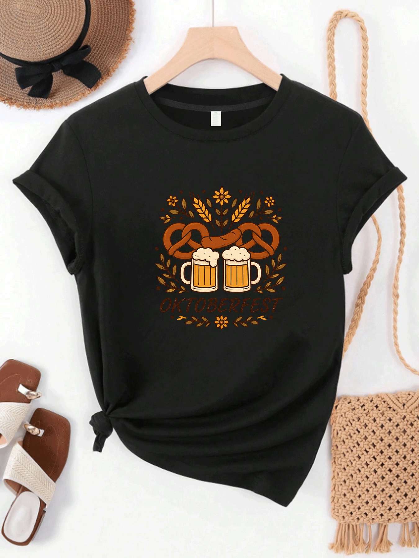 Beer And Wine Festival - 【MYJ062633】ビール祭り レディース Tシャツ ワインセット テキスト柄 ラウンドネック
