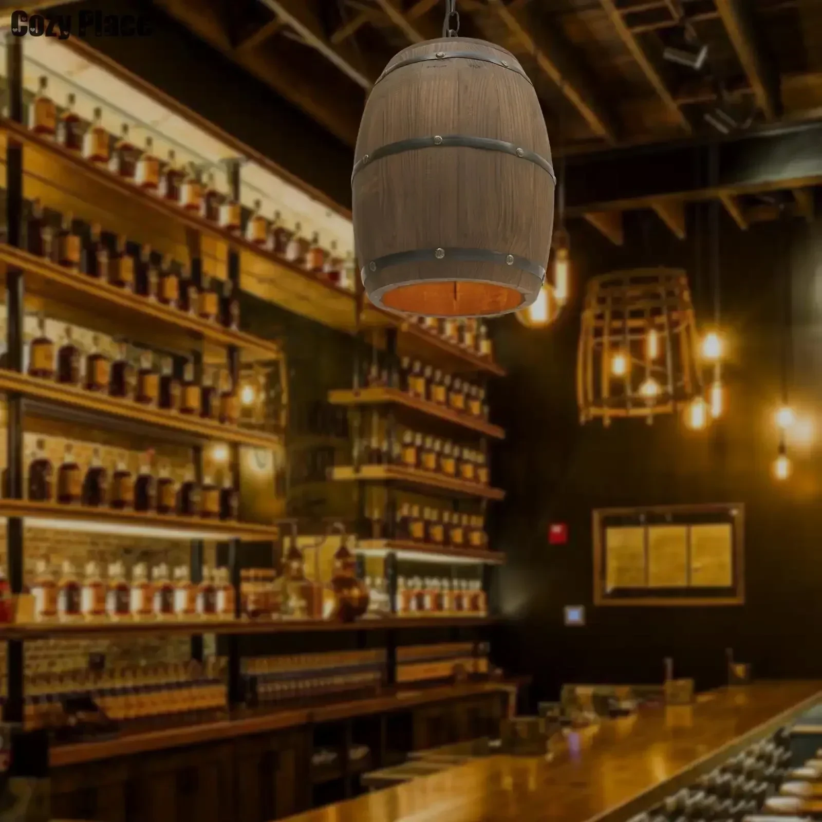 Wine & Beer Unlimited Spirits Photos - 素朴なランプヴィンテージシャンデリア木製ペンダントライトワイン樽吊り下げランプ家の装飾リビングルームバーカフェ照明E26