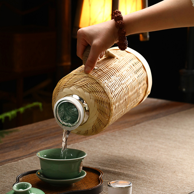 Wine Stopper Vacuum - 手織り竹製魔法瓶 木製栓付き ガラスライナー 温水ボトル 家庭用 茶室
