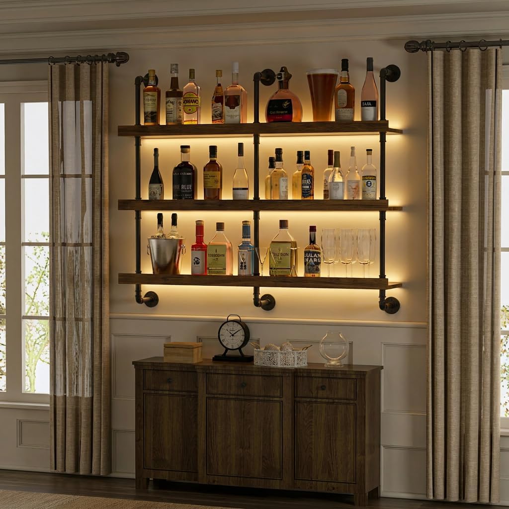 壁掛けワインラック LEDライト付き 3段フローティングバー - Wine Beer Liquor のレビューと価格