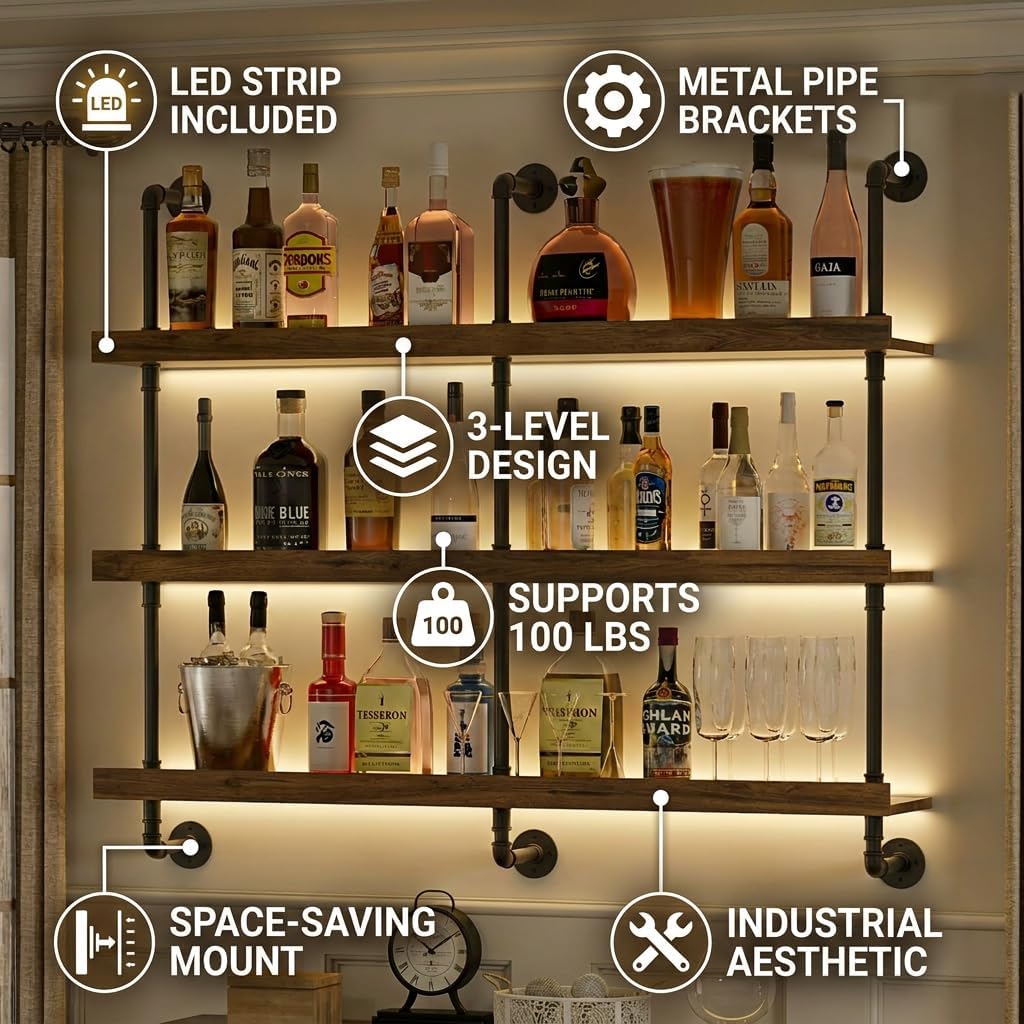 壁掛けワインラック LEDライト付き 3段フローティングバー - Wine Beer Liquor のレビューと価格